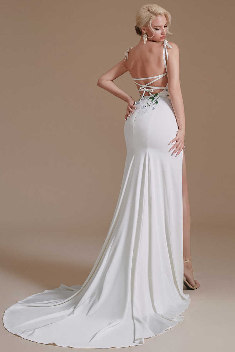 White Straps Appliques Backless Sheath Bridal Gown with Slit