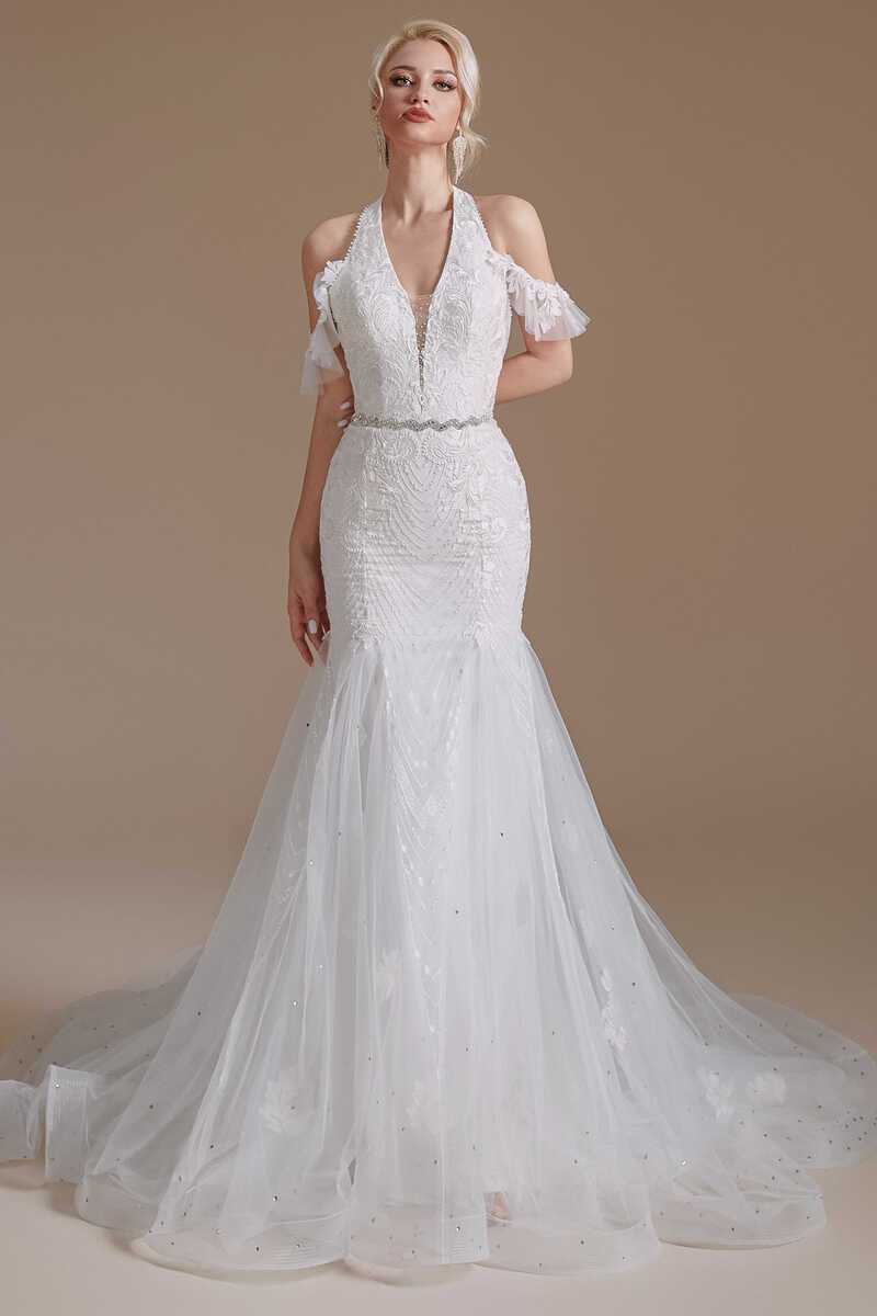 White Lace Halter Cold-Shoulder Trumpet Wedding Dress