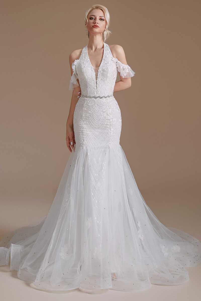 White Lace Halter Cold-Shoulder Trumpet Wedding Dress Modsele White Lace Halter Cold-Shoulder Trumpet Wedding Dress Modsele