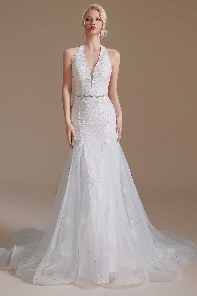 White Lace Halter Cold-Shoulder Trumpet Wedding Dress Modsele White Lace Halter Cold-Shoulder Trumpet Wedding Dress Modsele