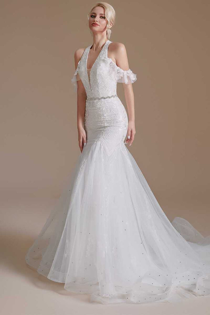 White Lace Halter Cold-Shoulder Trumpet Wedding Dress