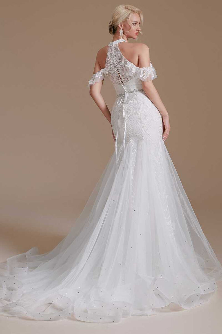 White Lace Halter Cold-Shoulder Trumpet Wedding Dress