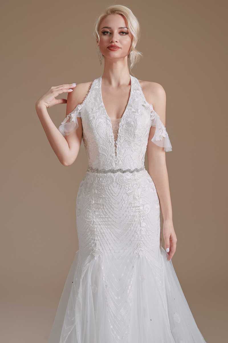 White Lace Halter Cold-Shoulder Trumpet Wedding Dress