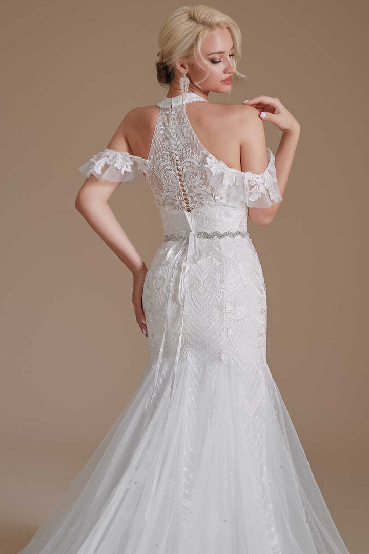 White Lace Halter Cold-Shoulder Trumpet Wedding Dress
