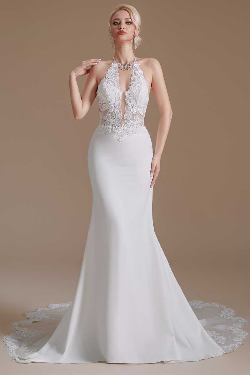 White Lace Halter Tassel Backless Mermaid Long Wedding Dress