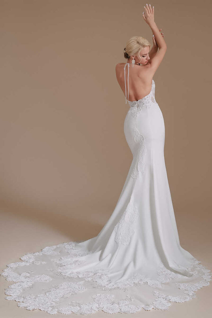 White Lace Halter Tassel Backless Mermaid Long Wedding Dress