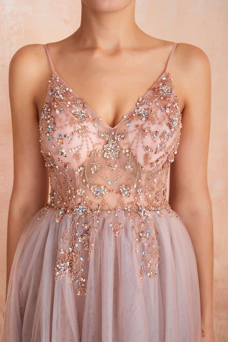 Rosewood Tulle Beaded High Side Silt Prom Dress