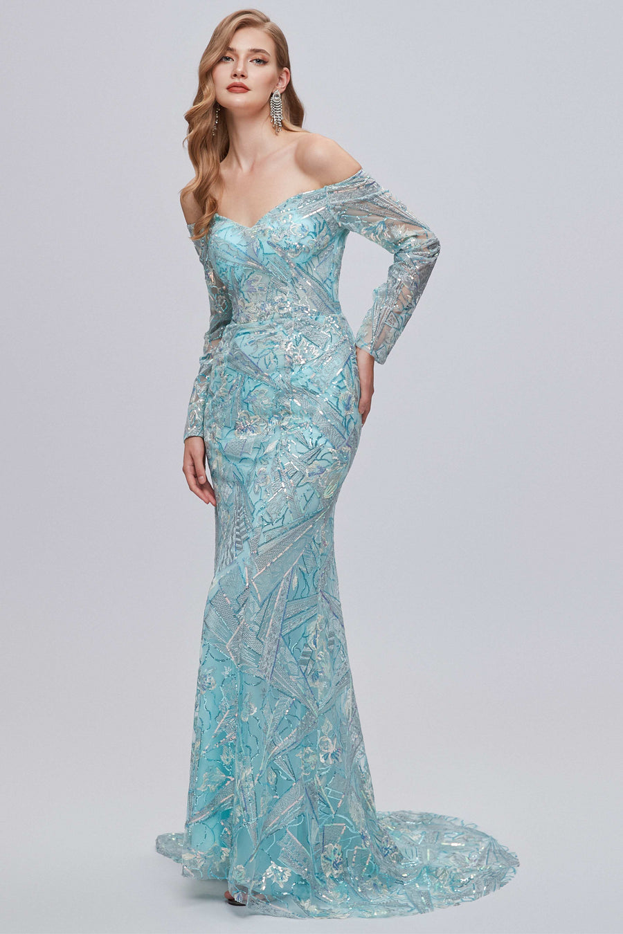 Aqua Blue Off-the-Shoulder Long Sleeve Mermaid Evening Dress