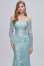 Aqua Blue Off-the-Shoulder Long Sleeve Mermaid Evening Dress