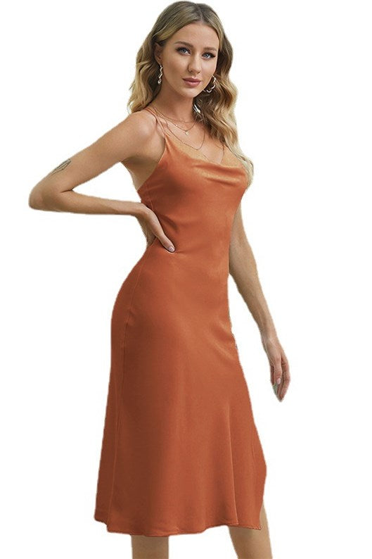 Burnt Orange Cowl Neck Bodycon Lace-Up Back Midi Party Dress Modsele Burnt Orange Cowl Neck Bodycon Lace-Up Back Midi Party Dress Modsele