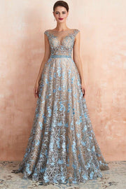 Ice Blue Beaded Applique Tulle A-line Prom Gown