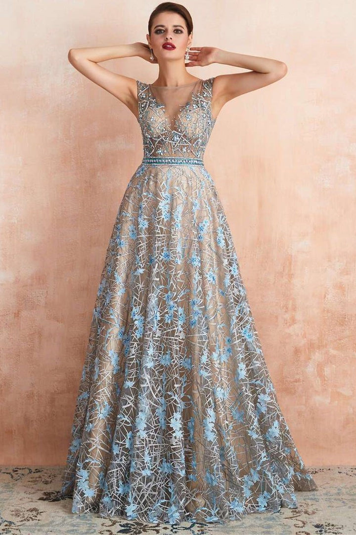 Ice Blue Beaded Applique Tulle A-line Prom Gown