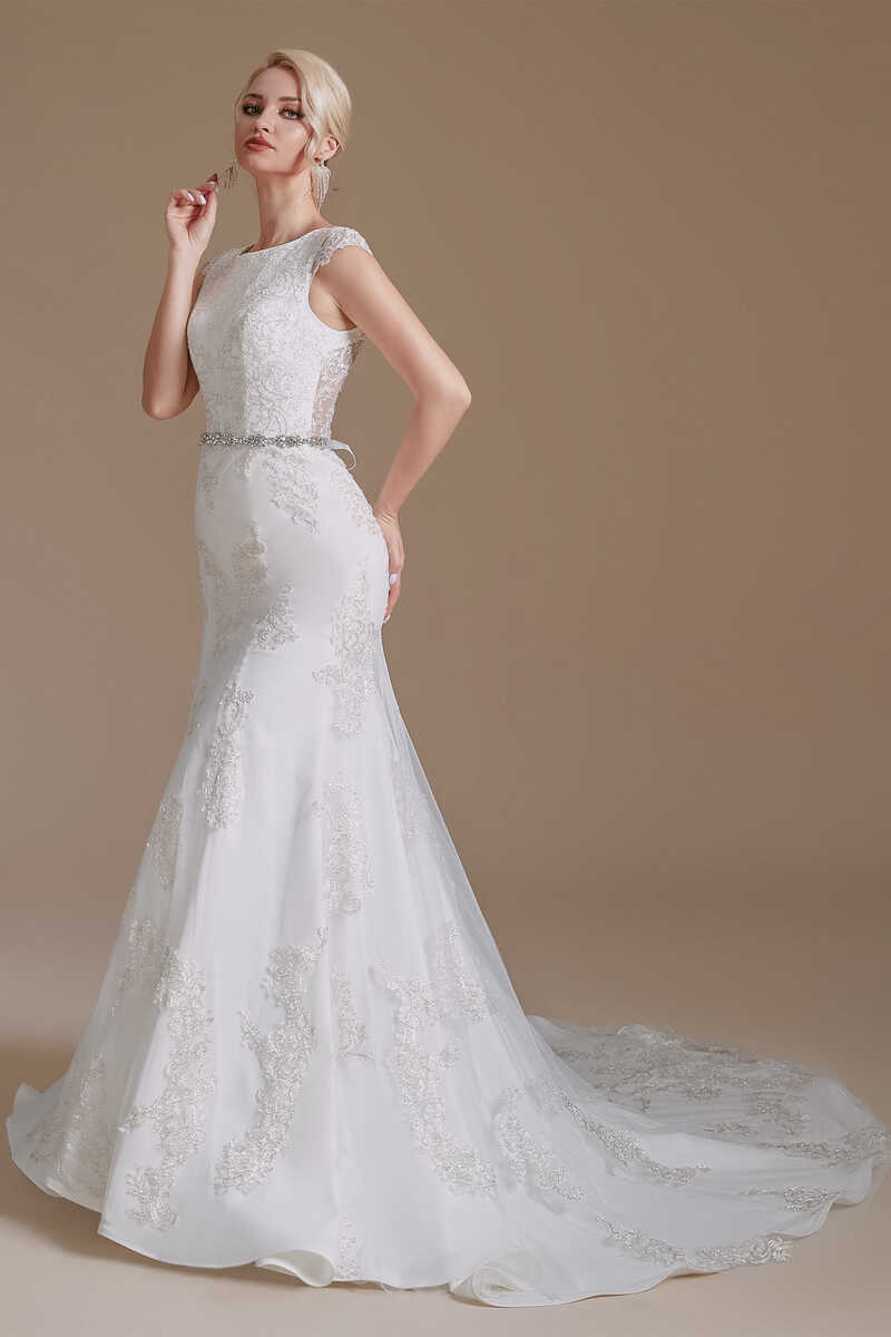 White Lace Cap Sleeve Sheer Back Mermaid Wedding Dress