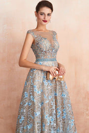 Ice Blue Beaded Applique Tulle A-line Prom Gown