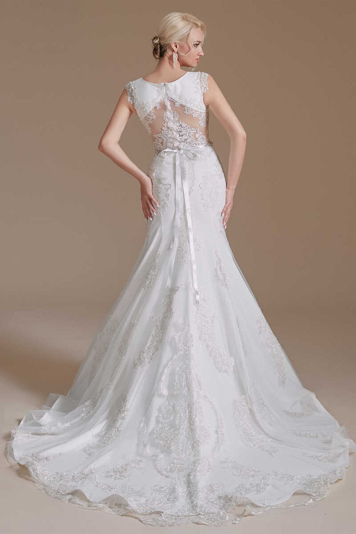 White Lace Cap Sleeve Sheer Back Mermaid Wedding Dress