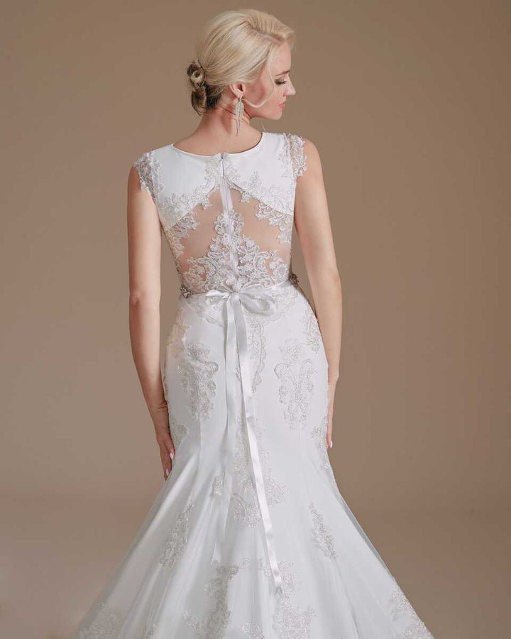 White Lace Cap Sleeve Sheer Back Mermaid Wedding Dress