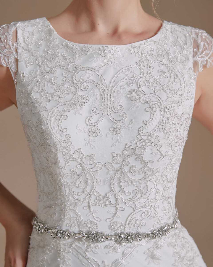 White Lace Cap Sleeve Sheer Back Mermaid Wedding Dress