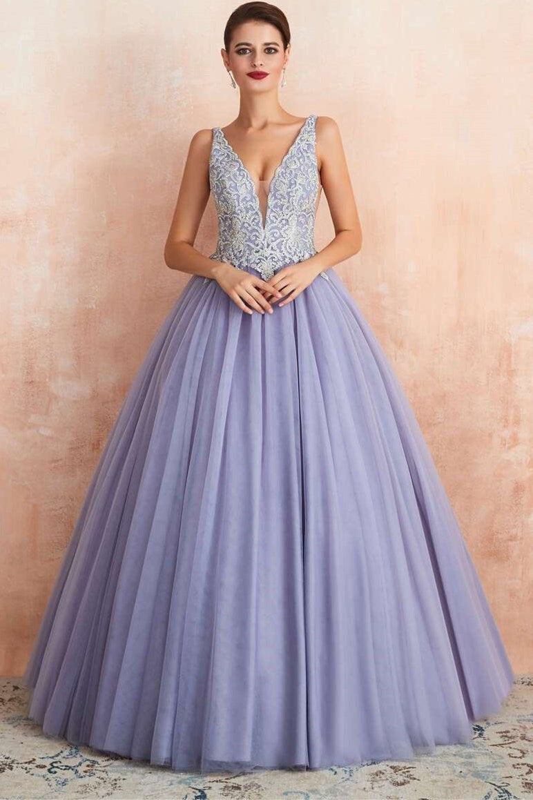 Lavender Tulle Silver Rhinestone Appliques Ball Gown Dress