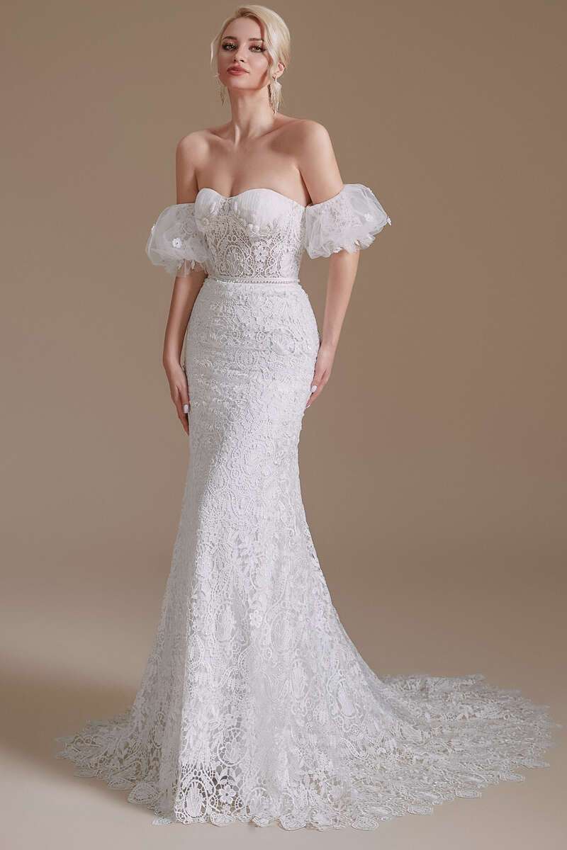 White Lace Bustier Lace-Up Mermaid Wedding Dress