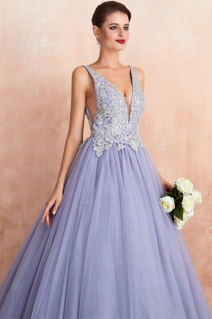 Lavender Tulle Silver Rhinestone Appliques Ball Gown Dress