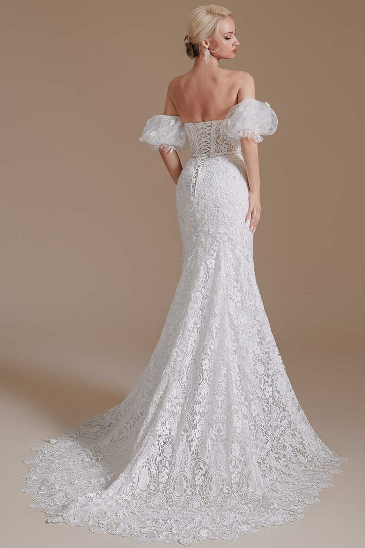 White Lace Bustier Lace-Up Mermaid Wedding Dress