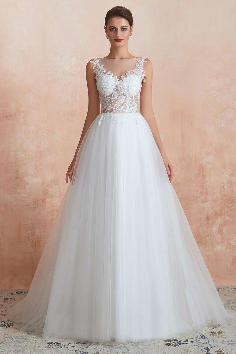 A-Line Bateau Appliqus Wedding Dress with Sheer Back  Modsele