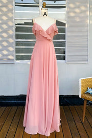 Pink Chiffon Ruffled Neck Bridesmaid Dress
