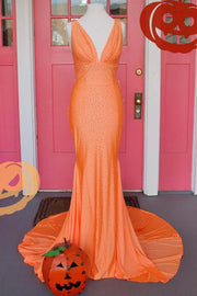 Orange Beaded V-Neck Empire Long Formal Dress