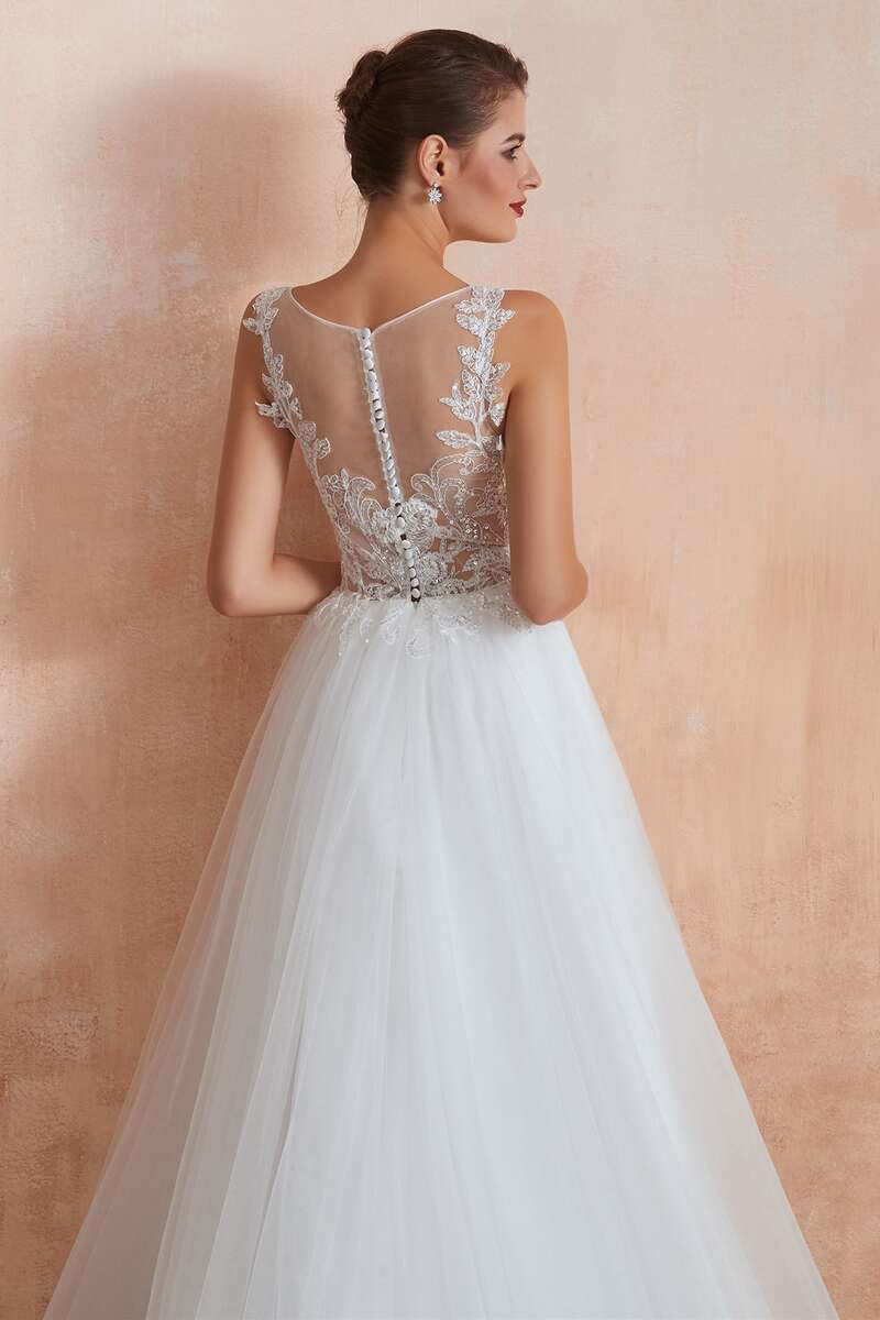 A-Line Bateau Appliqus Wedding Dress with Sheer Back Modsele A-Line Bateau Appliqus Wedding Dress with Sheer Back Modsele