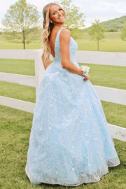 Princess Light Blue Lace V-Neck Backless A-Line Prom Gown
