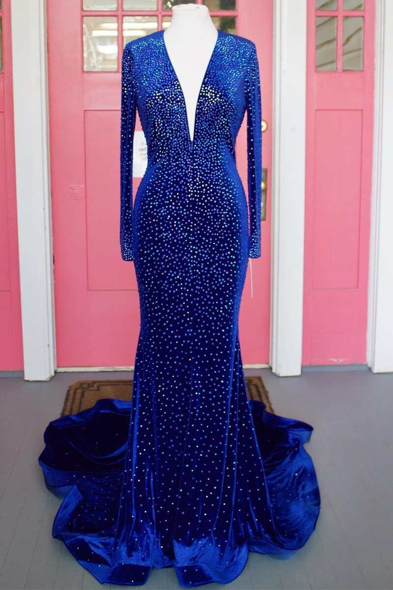 Royal Blue Velvet Beaded Long Sleeve Mermaid Long Formal Dress