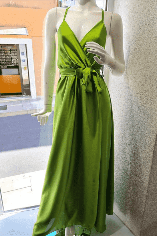 Lime Green Satin Wrap Long Bridesmaid Dress