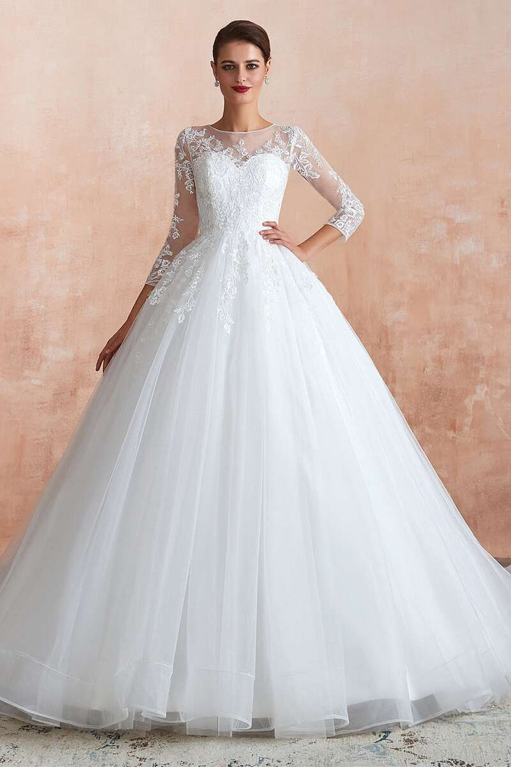 Ball Gown White Lace Long Sleeve Wedding Dress