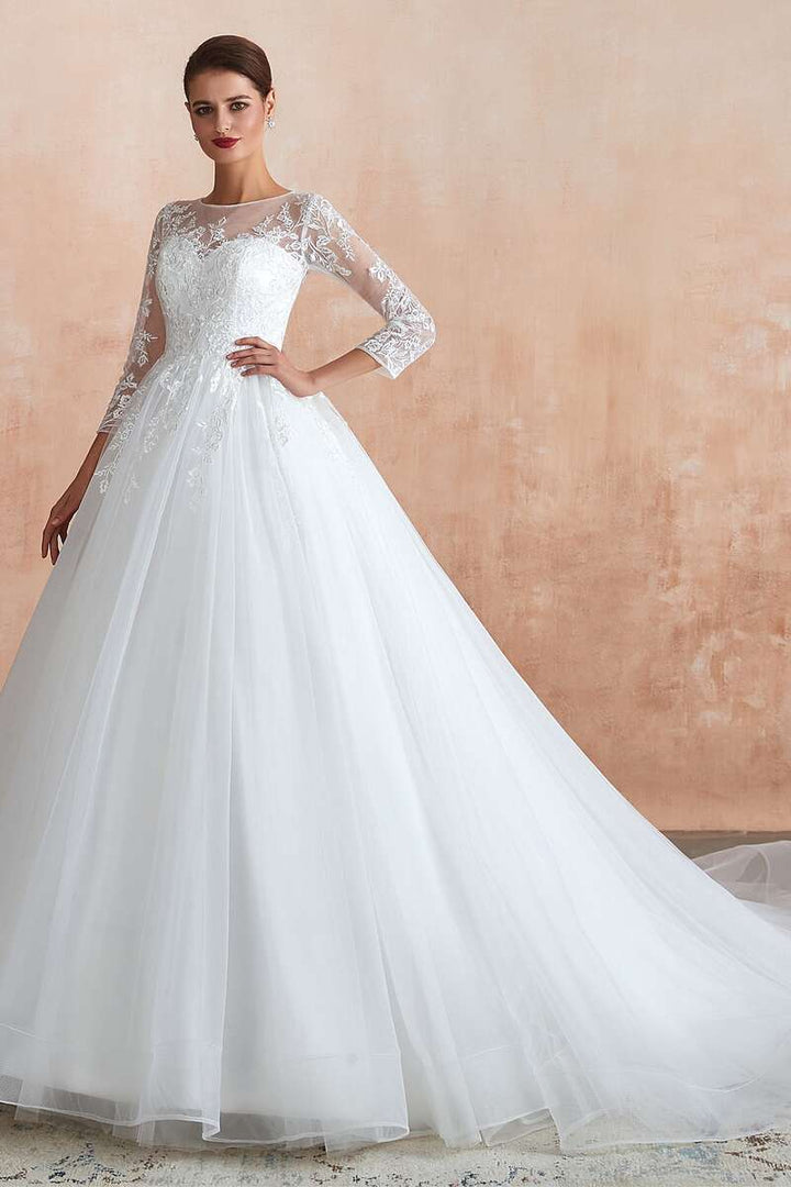Ball Gown White Lace Long Sleeve Wedding Dress