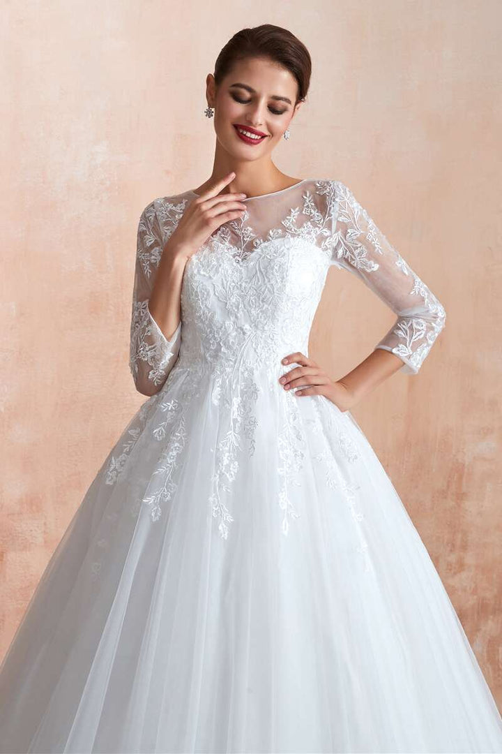 Ball Gown White Lace Long Sleeve Wedding Dress