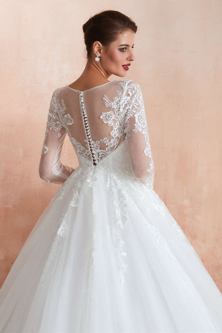 Ball Gown White Lace Long Sleeve Wedding Dress