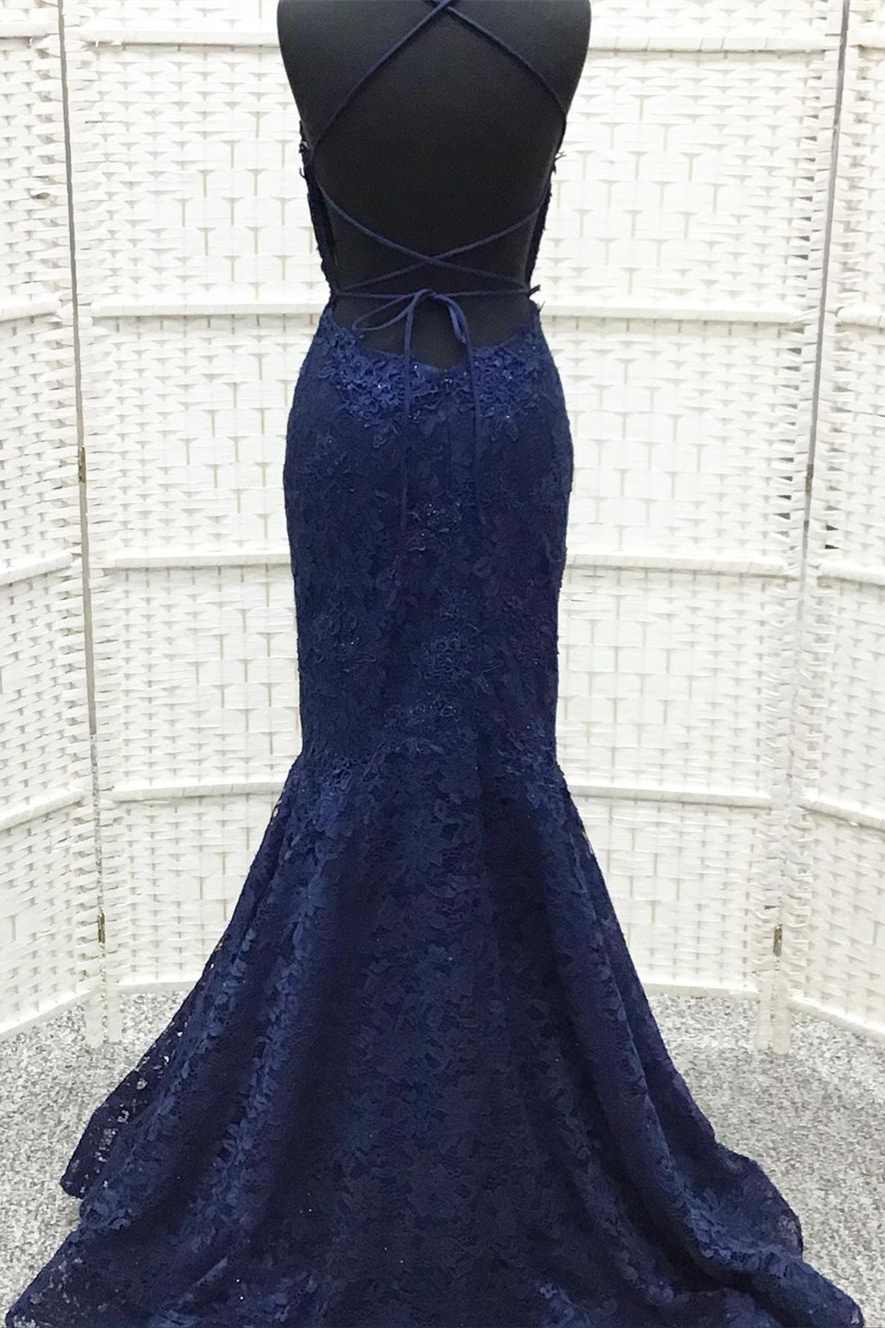 Navy Blue Lace Embroidered Lace-Up Trumpet Long Prom Dress