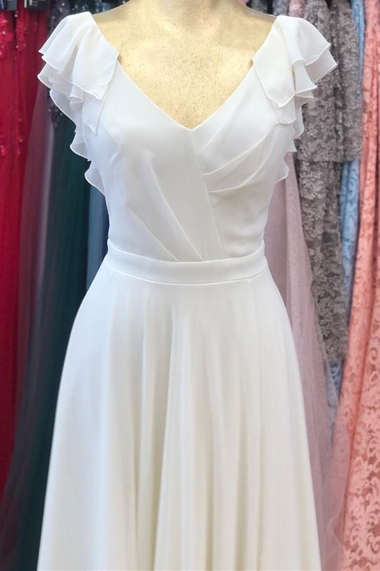 White Chiffon V-Neck Backless Ruffled Long Bridesmaid Dress