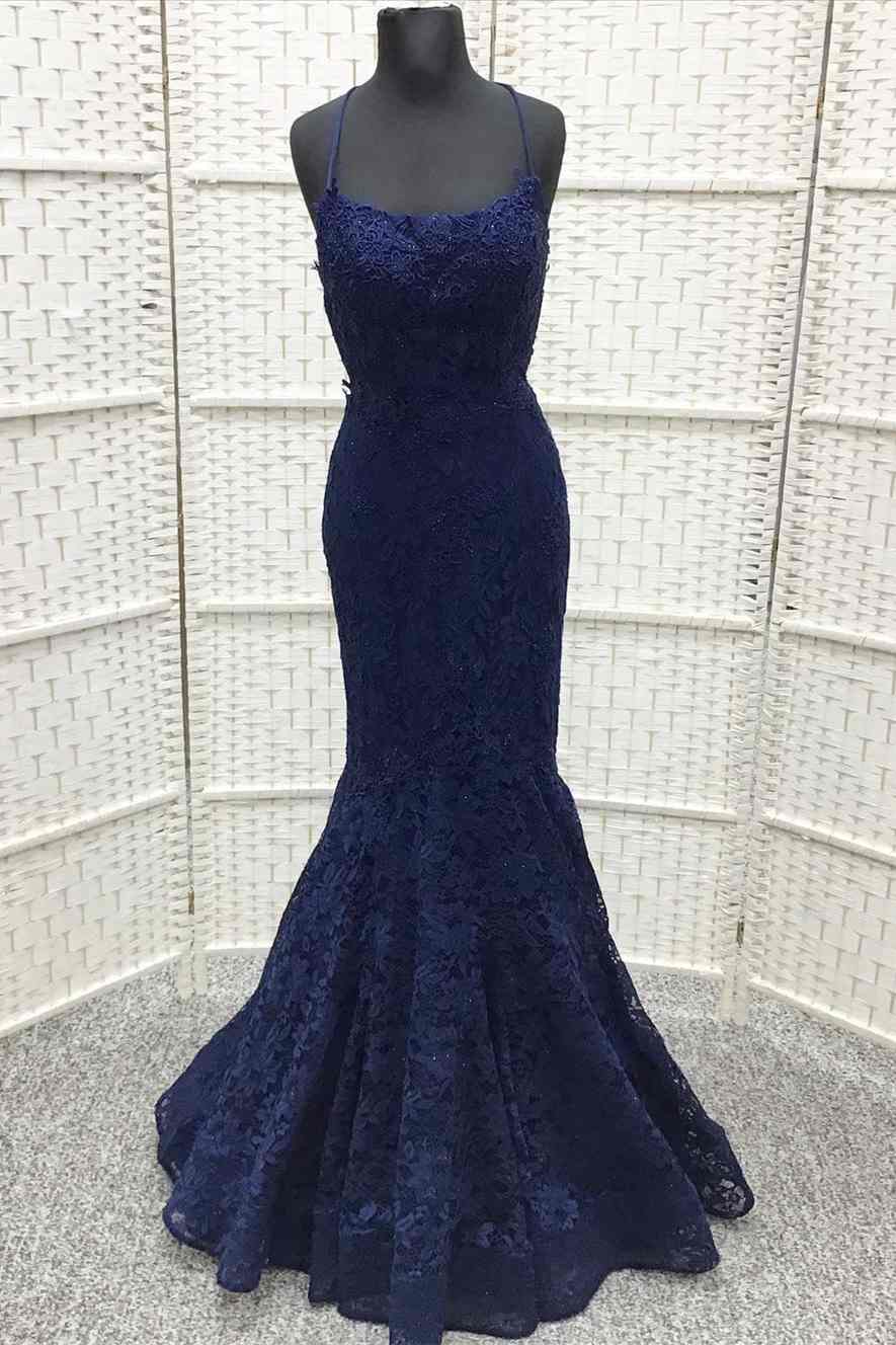 Navy Blue Lace Embroidered Lace-Up Trumpet Long Prom Dress
