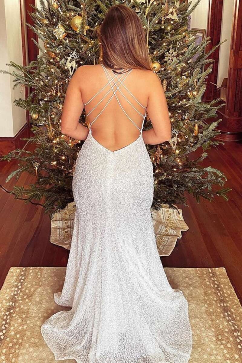 White Sequin Halter Backless Long Formal Dress