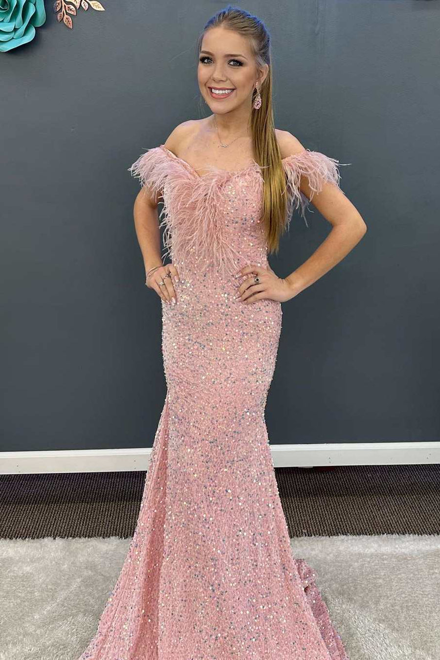 Pink Iridescent Sequin Feather Off-the-Shoulder Mermaid Long Prom Gown