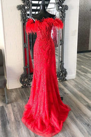 Red Floral Lace Feather Off-the-Shoulder Mermaid Long Prom Dress