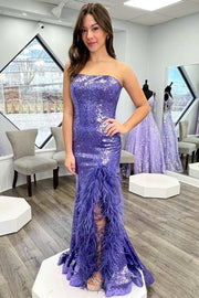 Red Sequin Feather Strapless Mermaid Long Prom Dress with Slit