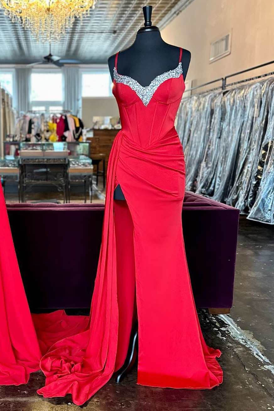 Red Beaded Queen Anne Neck Straps Long Formal Gown with Attached Train   Modsele
