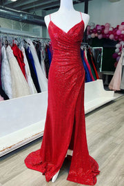 Red Sequin Surplice Neck Lace-Up Back Mermaid Long Prom Dress