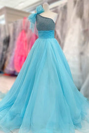 One-Shoulder Blue Tulle Beaded High-Waist A-Line Prom Dress