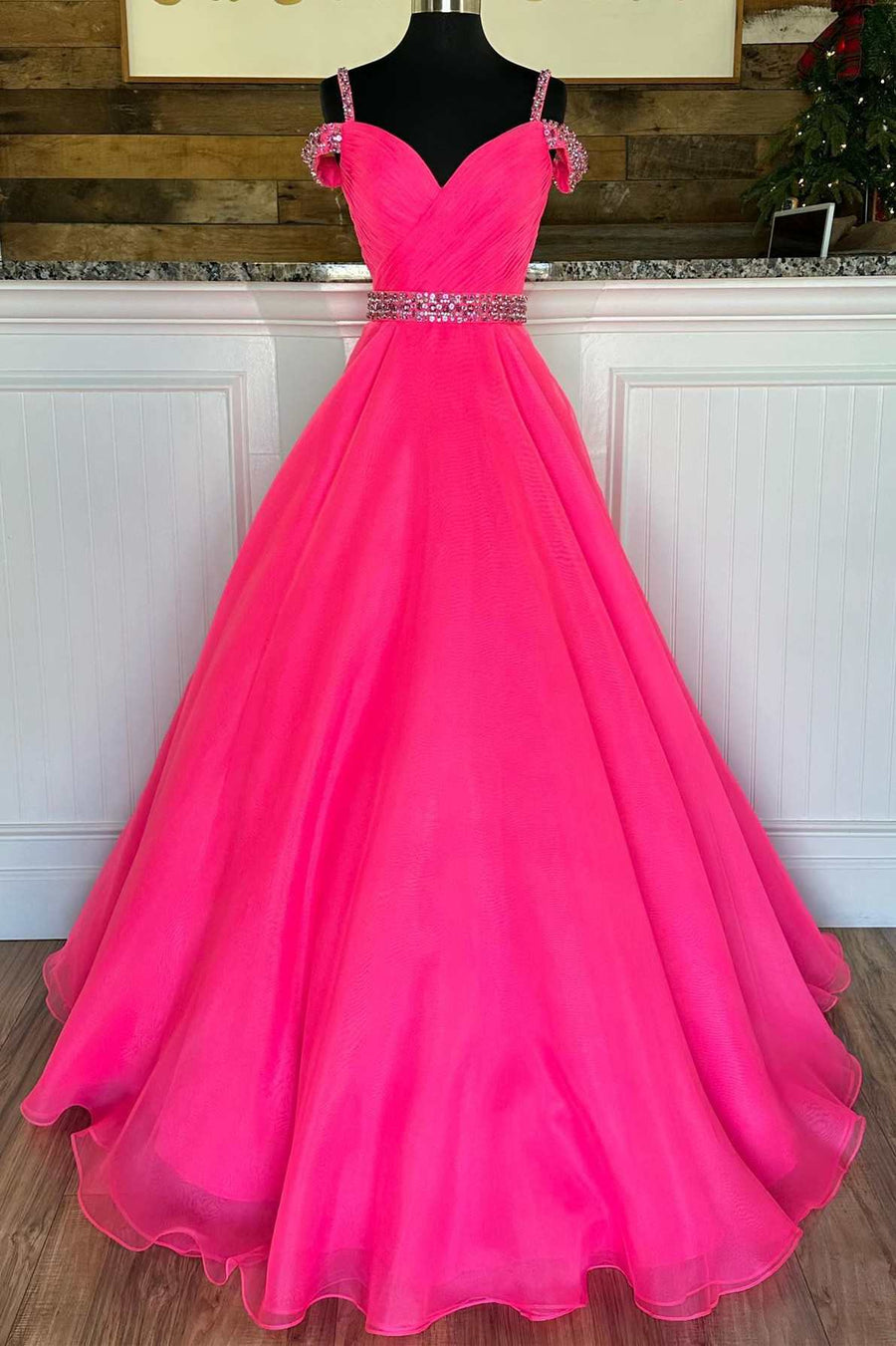 Hot Pink Beaded Cold-Shoulder A-Line Prom Dress