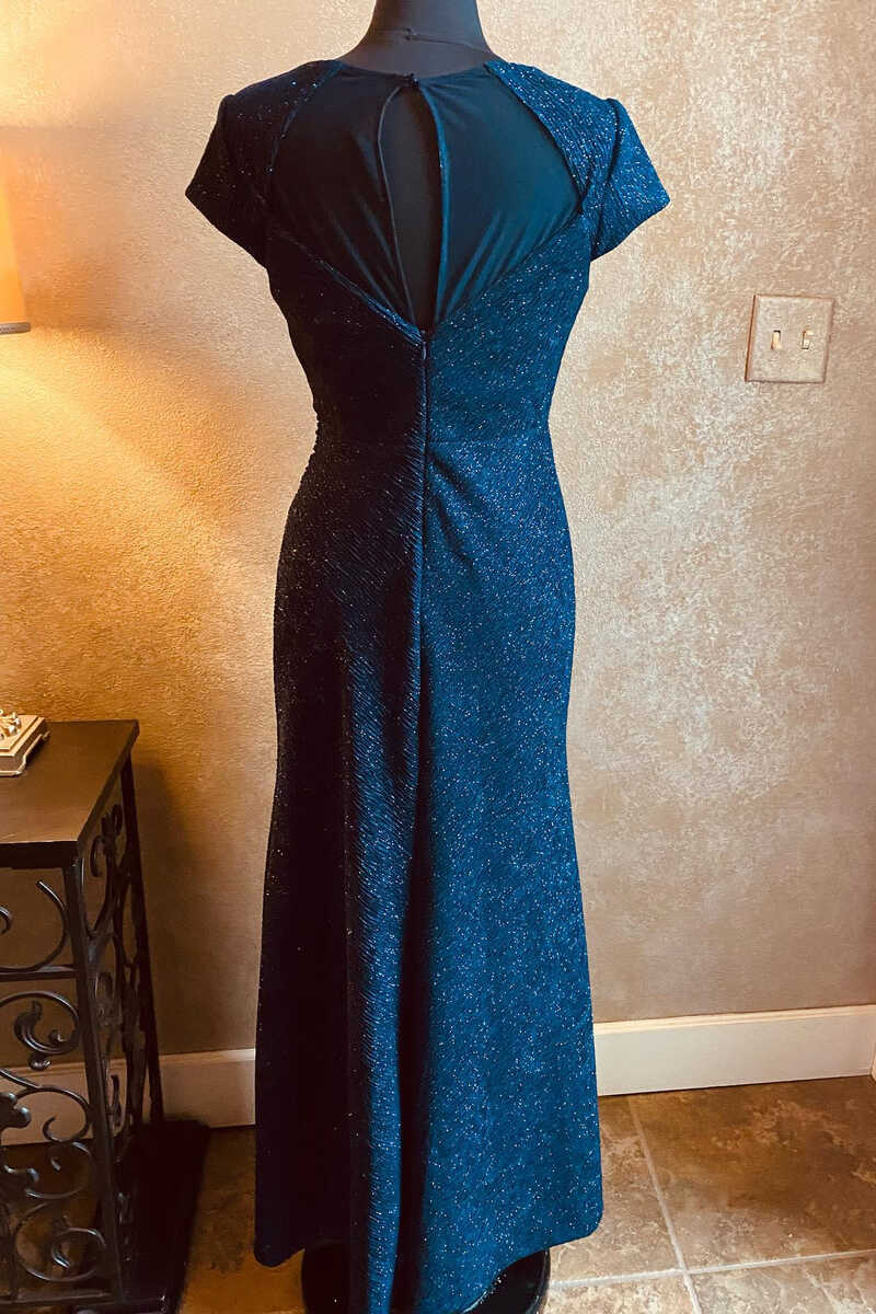 Dark Blue Crew Neck Short Sleeve Ruched Long Mother of the Bride Dress