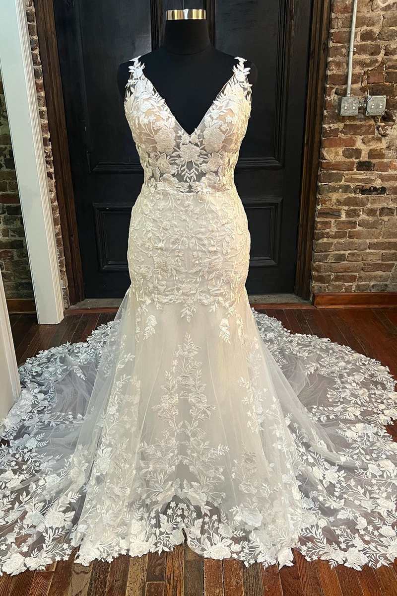 White Floral Lace V-Neck Trumpet Long Wedding Dress – Modsele