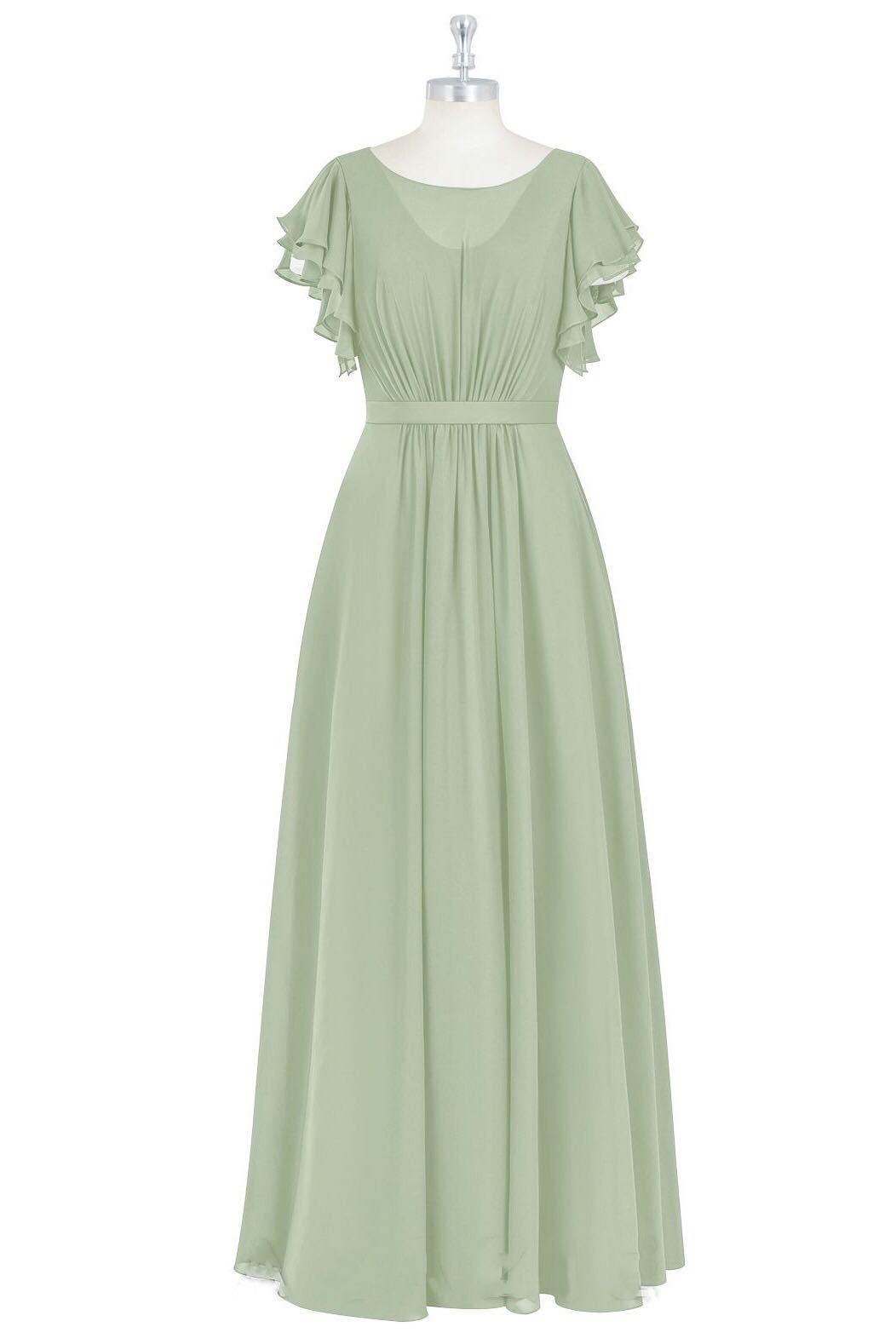 Sage Green Crew Neck Ruffles A-Line Long Bridesmaid Dress Modsele Sage Green Crew Neck Ruffles A-Line Long Bridesmaid Dress Modsele